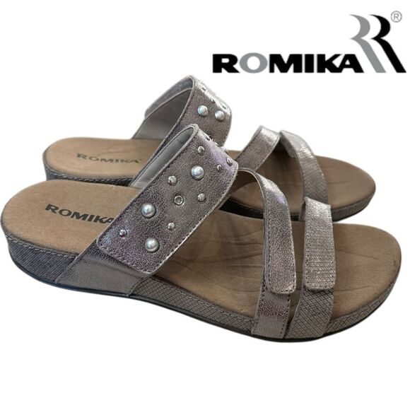 Romika Fidschi Taupe Bronze Metallic Slide Triple Buckle Sandals 37 6  6.5 - Picture 2 of 6